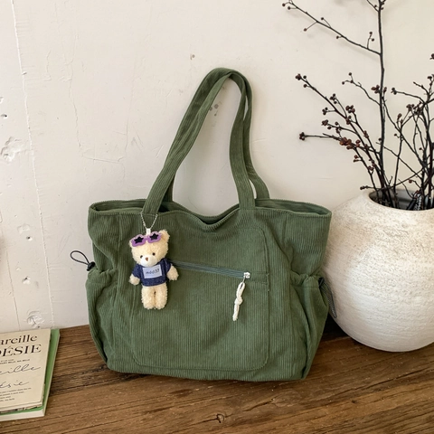 Corduroy Tote Tas Grote Capaciteit Vintage Gestreepte Schoudertas Voor Vrouwen Retro Casual Werk Reizen
