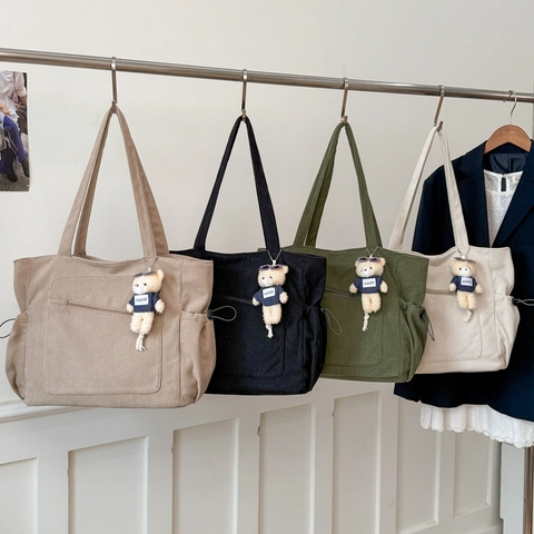 Borsa Tote da Donna in Velluto a Coste Grande Capacità Minimalista Borsa a Tracolla Casual Pendolare Retrò Street Style