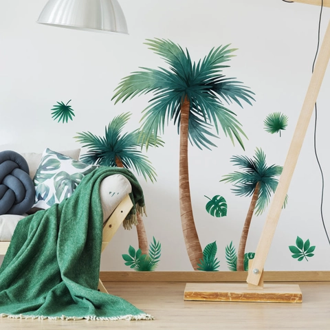 Autocollants Muraux Palmier Tropical Aquarelle Plantes Vertes PVC Auto-Adhésif Amovible Décoration Salon Chambre