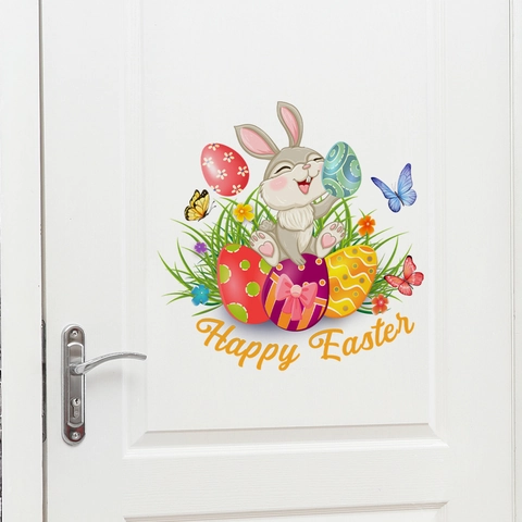 Easter Rabbit Wall Sticker Colorful Eggs Butterflies Self-Adhesive PVC Decoration For Kids Room Living Room Cartoon Style