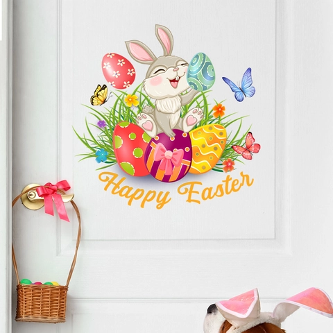 Easter Rabbit Wall Sticker Colorful Eggs Butterflies Self-Adhesive PVC Decoration For Kids Room Living Room Cartoon Style