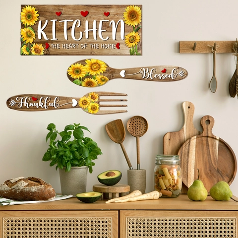 Stickers Muraux Cuisine Tournesol Grain de Bois Cuillère Fourchette Coeur Décoratif Autocollant PVC Pour Maison