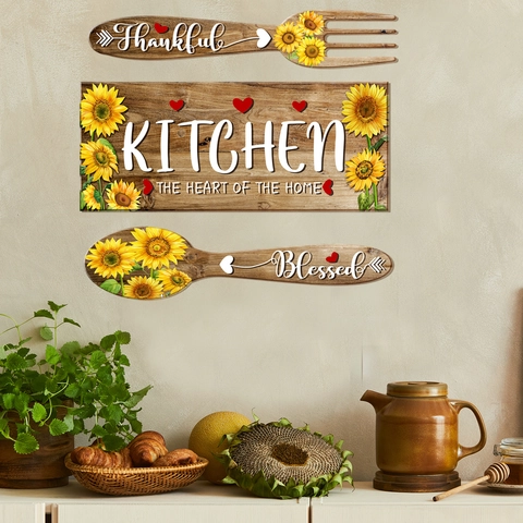 Sunflower Kitchen Wall Stickers Heart Of The Home Quote Spoon Fork Decor Rustic Wood Grain PVC Self Adhesive Decals