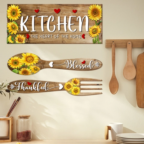 Sunflower Kitchen Wall Stickers Heart Of The Home Quote Spoon Fork Decor Rustic Wood Grain PVC Self Adhesive Decals