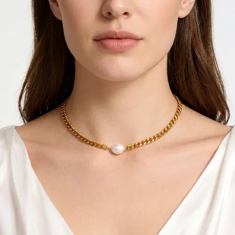 Collier À Chaîne Épaisse En Acier Inoxydable Plaqué Or 18K Avec Perle D'eau Douce Et Pierre Naturelle Pour Femmes