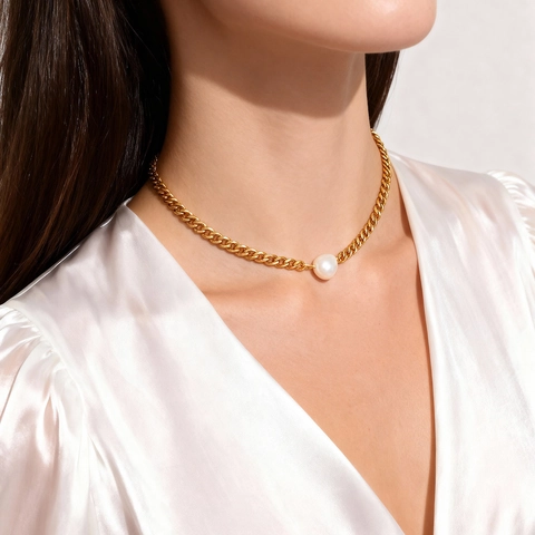 Collier À Chaîne Épaisse En Acier Inoxydable Plaqué Or 18K Avec Perle D'eau Douce Et Pierre Naturelle Pour Femmes