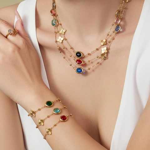 Conjunto de Joyería de Acero Inoxidable para Mujer Collar Pulsera Pendientes con Gema de Vidrio Facetada y Circonia