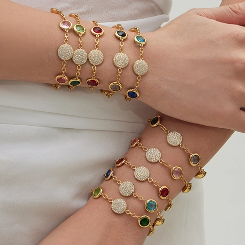 Luxury Stainless Steel Colorful Zircon Bracelet Round Glass Stone Earrings Set Exquisite Fashion Jewelry For Women