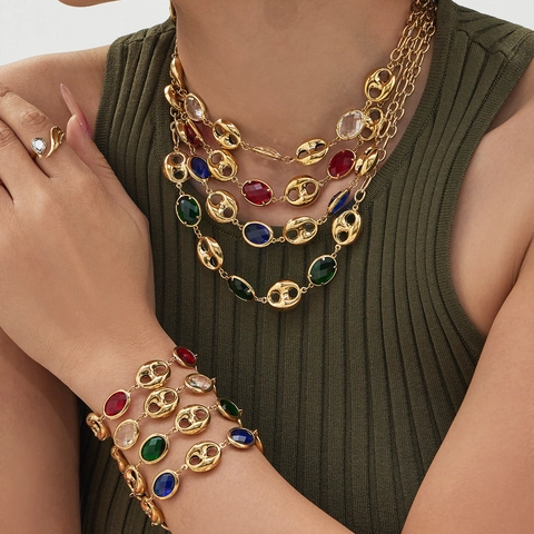 Luxury Stainless Steel Jewelry For Women 18K Gold Plated Colorful Glass Stone Coffee Bean Pig Nose Chain Necklace And Bracelet
