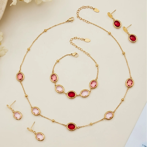 Stainless Steel Colored Glass Stone Jewelry Set For Women 18K Gold Plated Oval Pendant Necklace Bracelet Stud Earrings Fashion Accessories