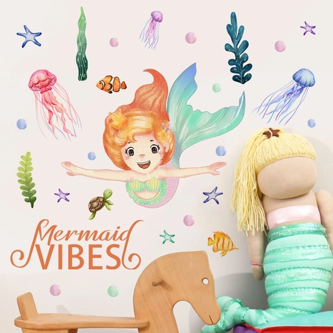 Cartoon Mermaid Jellyfish Seaweed Wall Stickers For Kids Room Bedroom Decoration Watercolor Ocean Life PVC Self-adhesive Decals