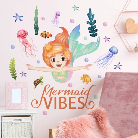 Cartoon Mermaid Jellyfish Seaweed Wall Stickers For Kids Room Bedroom Decoration Watercolor Ocean Life PVC Self-adhesive Decals