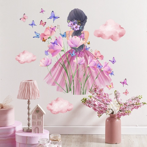 Watercolor Girl Back Wall Stickers PVC Butterfly Flower Cloud Decals For Bedroom Living Room Decor Removable