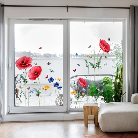 Adesivi per Finestre con Fiori e Farfalle ad Acquerello in PVC ad Adesione Statica Decalcomanie in Vetro Rimovibili per Decorazioni Casa