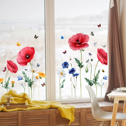 Adesivi per Finestre con Fiori e Farfalle ad Acquerello in PVC ad Adesione Statica Decalcomanie in Vetro Rimovibili per Decorazioni Casa