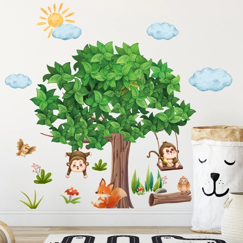 Cartoon Monkey Tree Wall Sticker For Kids Room Watercolor Forest Animals Cloud Sun Decorative PVC Removable Wall Decal