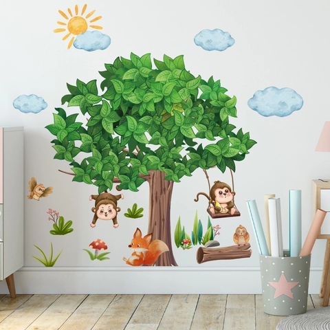 Cartoon Monkey Tree Wall Sticker For Kids Room Watercolor Forest Animals Cloud Sun Decorative PVC Removable Wall Decal