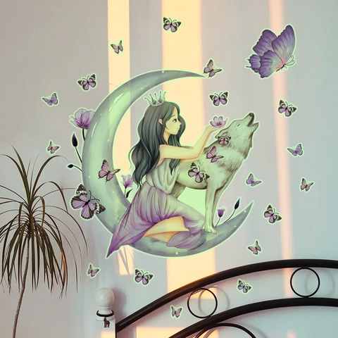 Im Dunkeln Leuchtende Mond Mädchen Wolf Wandtattoo PVC Leuchtende Schmetterling Wandaufkleber Für Schlafzimmer Deko Nordic
