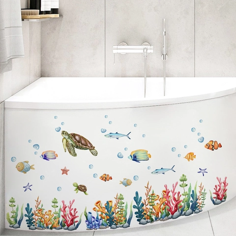 Adesivi Murali Mondo Marino PVC Impermeabile Autoadesivi Tartaruga Pesci Barriera Corallina Per Decorazione Vasca Da Bagno