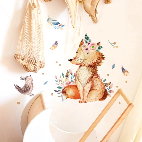 Stickers Muraux Renard Oiseau Aquarelle Dessin Animé PVC Autocollants Décoration Chambre Enfant Style Bohème