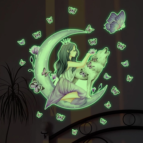 Im Dunkeln Leuchtende Mond Mädchen Wolf Wandtattoo PVC Leuchtende Schmetterling Wandaufkleber Für Schlafzimmer Deko Nordic