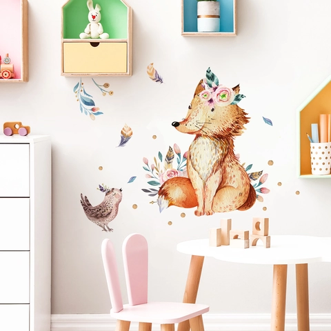 Stickers Muraux Renard Oiseau Aquarelle Dessin Animé PVC Autocollants Décoration Chambre Enfant Style Bohème