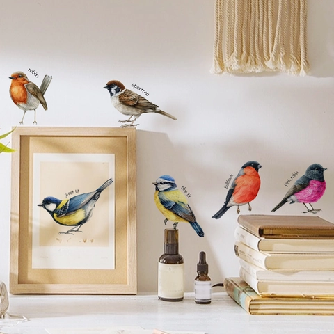 Stickers Muraux Oiseaux Colorés Peints à la Main PVC Amovible Rouge-gorge Moineau Mésange Charbonnière Décoration