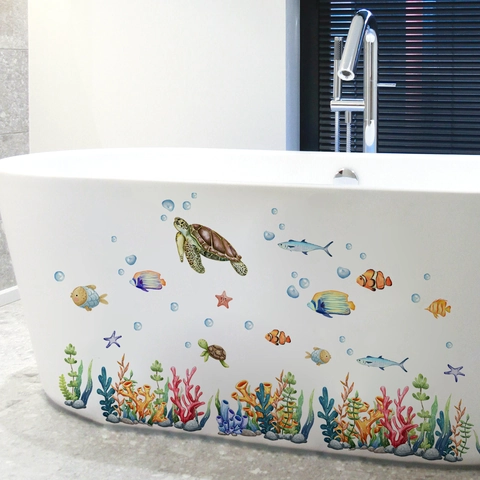 Adesivi Murali Mondo Marino PVC Impermeabile Autoadesivi Tartaruga Pesci Barriera Corallina Per Decorazione Vasca Da Bagno