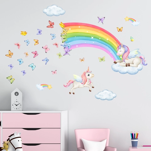 Rainbow Unicorn Wall Stickers PVC Watercolor Butterfly Cloud Decals For Kids Nursery Room Bedroom Decor Dreamy Cartoon