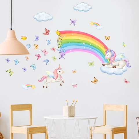 Rainbow Unicorn Wall Stickers PVC Watercolor Butterfly Cloud Decals For Kids Nursery Room Bedroom Decor Dreamy Cartoon