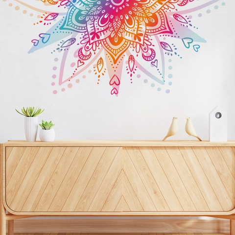 Autocollant Mural Mandala PVC Auto-Adhésif Dégradé Coloré Motif Floral Style Bohème Décoration Maison