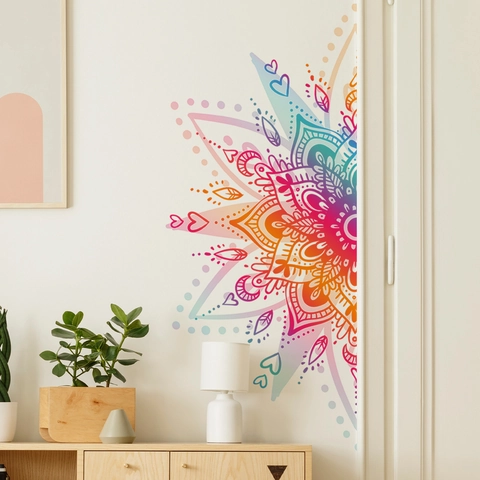 Autocollant Mural Mandala PVC Auto-Adhésif Dégradé Coloré Motif Floral Style Bohème Décoration Maison