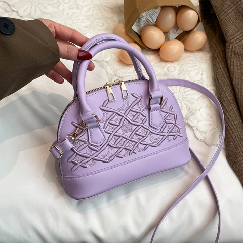 Damen Mode PU Leder Dome Handtasche Mit Geometrischer Stickerei Doppelreißverschluss Schulter Umhängetasche Retro Shell Tasche Für Den Alltag