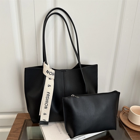 Große Kapazität PU Leder Tote Bag Und Passende Tasche Schulterhandtasche Mode Briefband Minimalistischer Urbaner Stil