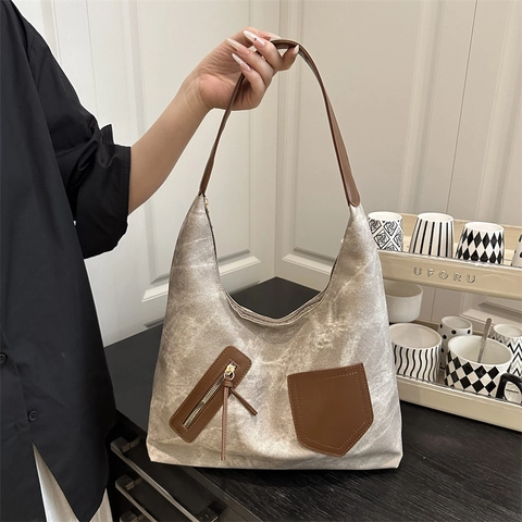 Bolso de Hombro Vintage para Mujer Gran Capacidad Cuero PU Tela Lavada Color de Contraste Informal Conmutar Hobo Bolso