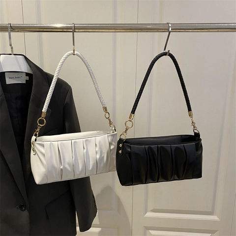 Borsa A Spalla Arricciata Da Donna Borsa Sottobraccio In Pelle PU Borsa Baguette Con Tracolla Intrecciata Oro Elegante