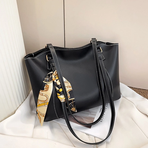 Borsa Tote da Donna in Pelle PU Grande Con Foulard di Raso Cuciture a Contrasto Borsa a Spalla Casual per Uso Quotidiano