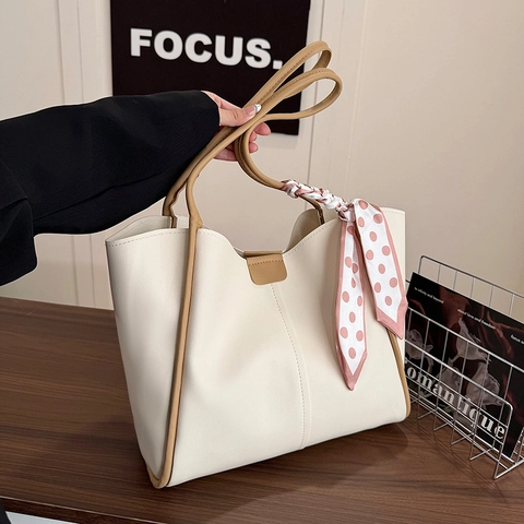 Women Luxury PU Leather Tote Bag Large Capacity Commuter Shoulder Bag With Small Inner Pouch And Polka Dot Scarf Handbag