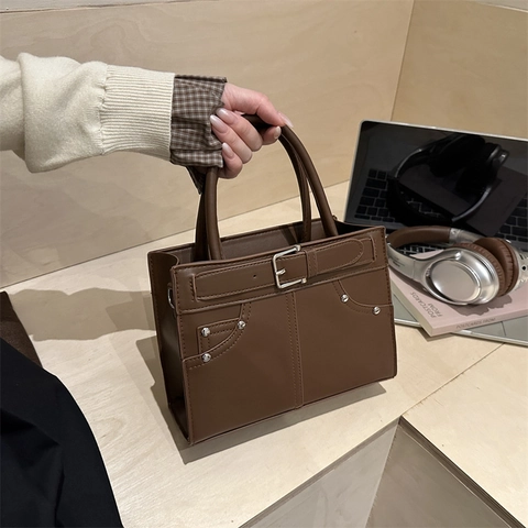 Women PU Leather Handbag Retro Rivet Belt Buckle Decor Solid Color Shoulder Crossbody Small Square Bag For Daily Use