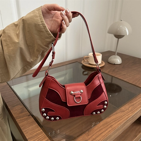 Vintage Hobo Underarm Bag For Women PU Leather Suede Patchwork Rivet Decor Casual Chic Shoulder Bag Metal Ring