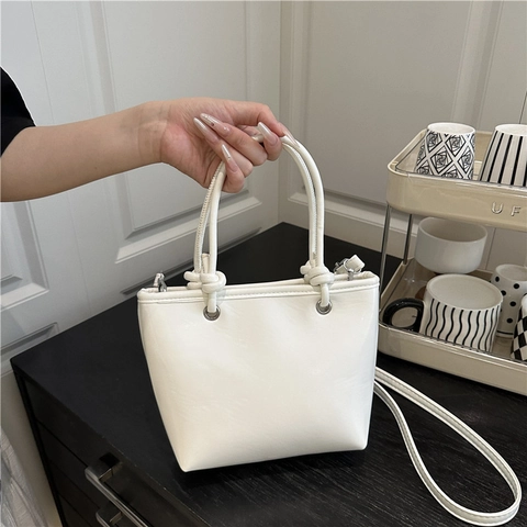 Bolso Tote Tipo Cubo Retro De Cuero PU Para Mujer Bolso Minimalista Asa Con Nudo Correa Ajustable Bolso Bandolera De Color Sólido