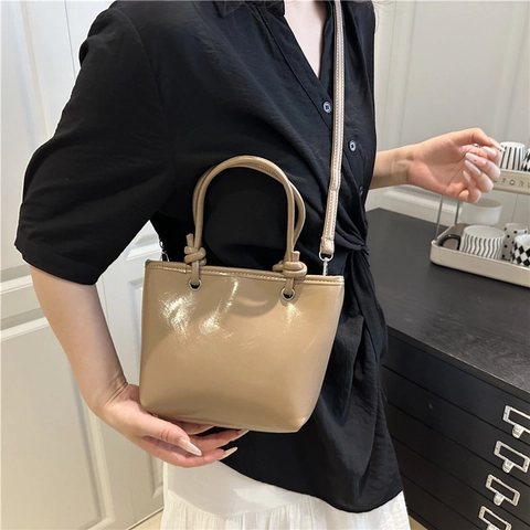 Damen Minimalistische Eimertasche Aus PU-Leder Retro-Knotengriff Schultertasche Umhängetasche Mode Pendler Handtasche