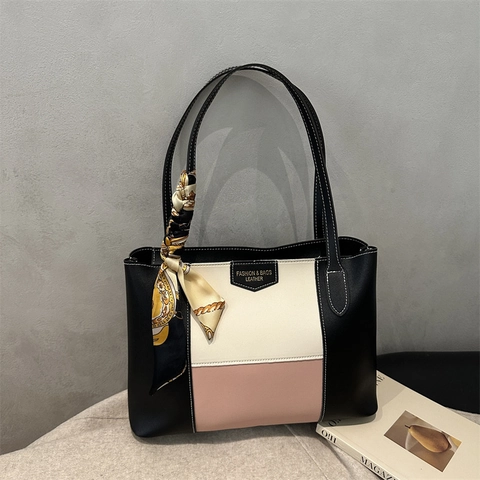 Bolso Tote Mujer Bloque De Color Cuero PU Gran Capacidad Retro Simple Diario Mano Con Pañuelo De Satén Decorativo