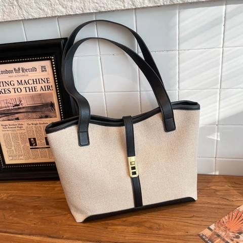 Borsa Tote da Donna in Tela Colore a Contrasto Finiture in Pelle PU Borsa a Tracolla Fibbia in Metallo Vintage Minimalista