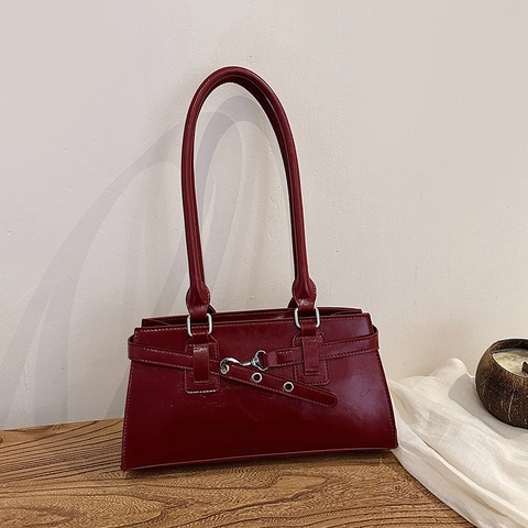 Vintage Underarm Baguette Bag PU Leather Large Capacity Shoulder Handbag Silver Buckle Decorative Belt Commuter Women