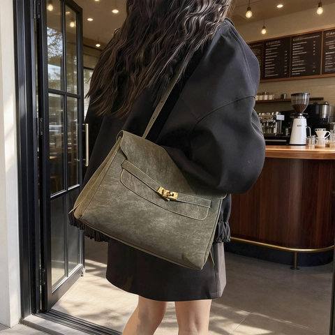 Women Handbag PU Leather Matte Suede Texture Shoulder Crossbody Bag Vintage Large Capacity Gold Turn Lock Flap