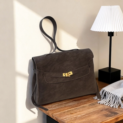 Women Handbag PU Leather Matte Suede Texture Shoulder Crossbody Bag Vintage Large Capacity Gold Turn Lock Flap