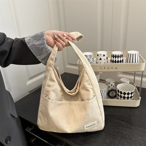 Women Corduroy Tote Bag Large Capacity Shoulder Bag With Fashion Letter Patch Casual Solid Color Retro Hobo Handbag For Daily School Work Shopping
