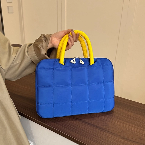 Gewatteerde Laptoptas Nylon Schokbestendige Hoes Contrast Handgreep Driehoekige Rits Casual Chique Handtas Voor Dames