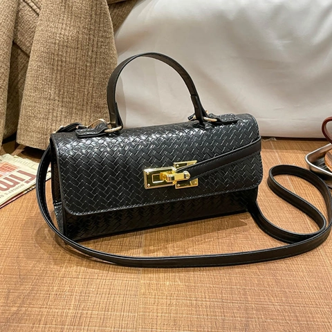 Damen Gewebte PU-Leder Handtasche Kleine Quadratische Umhängetasche Mit Goldenem Schloss Griff Mode Satchel Schultertasche